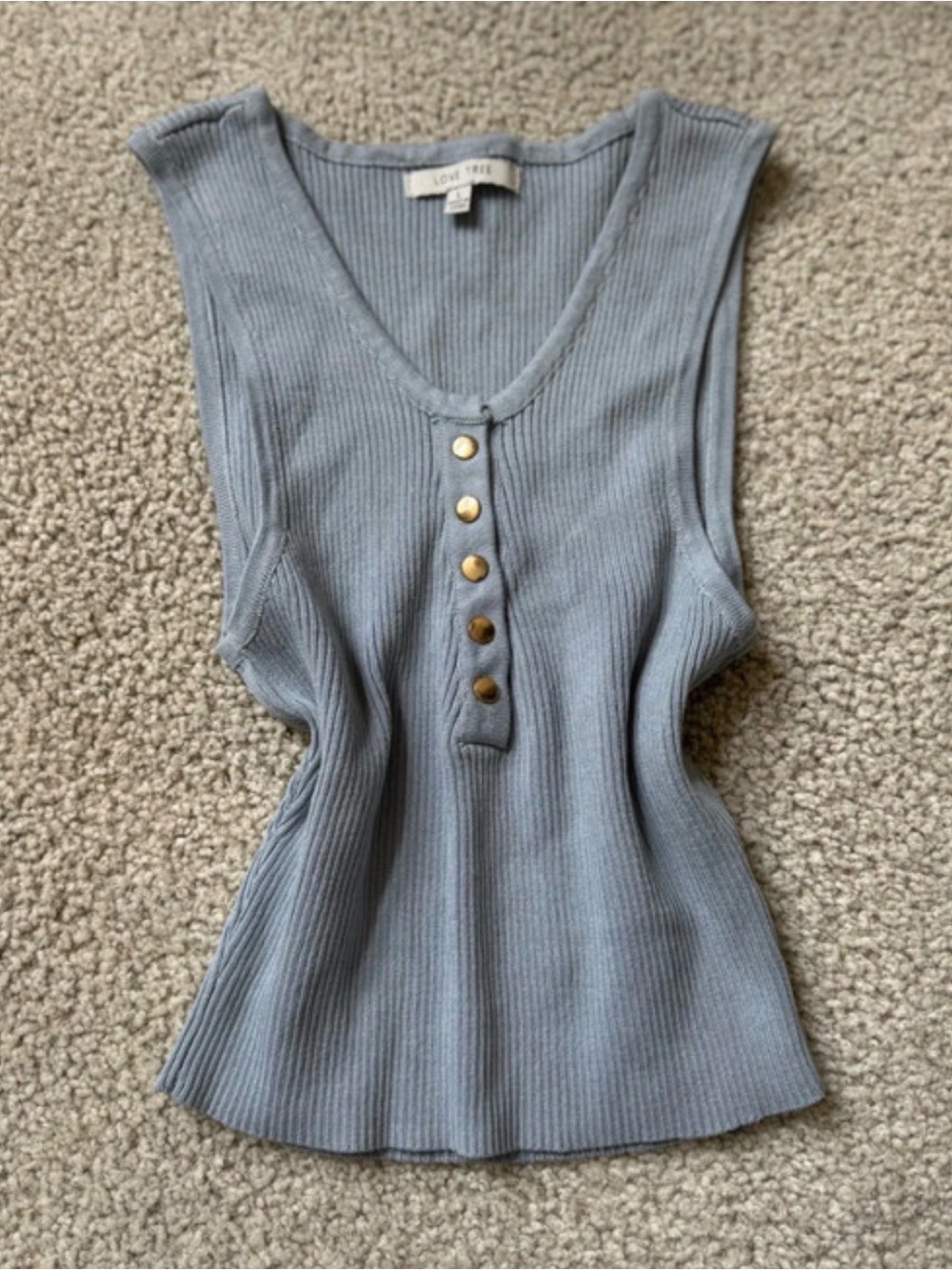 OOTDFash Dusty Blue Ribbed Henley Crop Tank with Gold Buttons